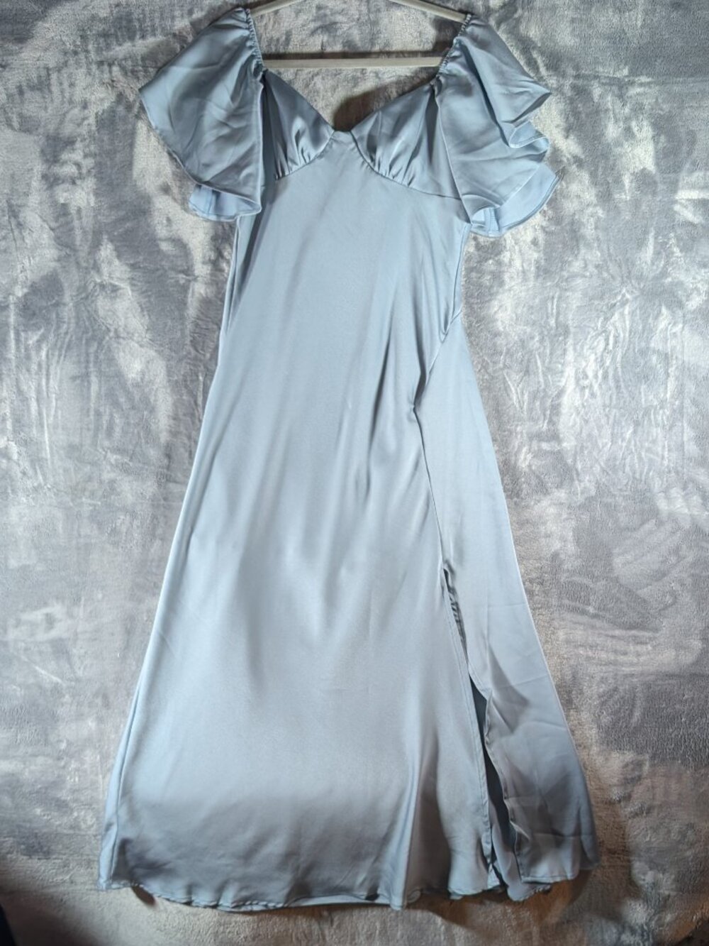 NWT Phicia Blue Silky Satin Ruffle Sleeve Slit Midi Dress Size M